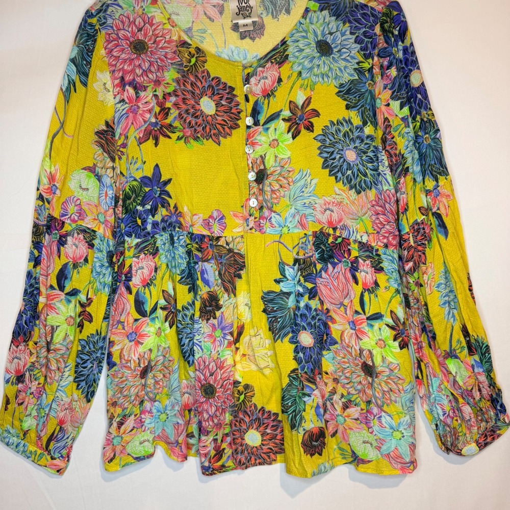 Ivy Jane Yellow Floral Babydoll Blouse Long Sleeve Button Front Top Medium